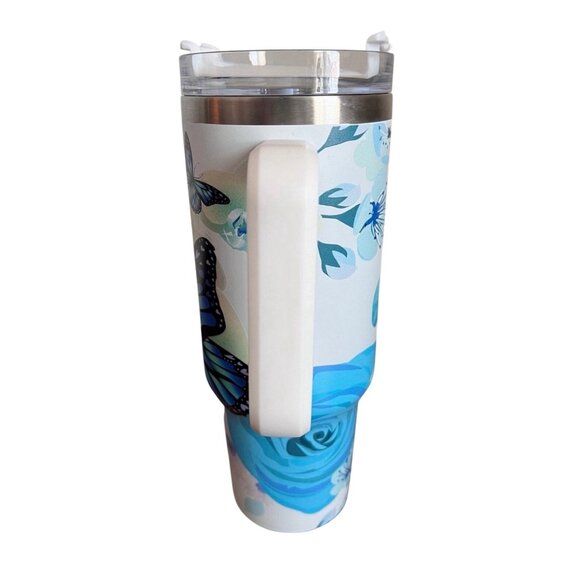 Custom Butterfly Floral Stainless Steel Tumbler With Handle & Lid - Insulated - Picture 2 of 10